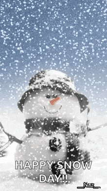 a snowman wearing a hat and scarf is standing in the snow and says `` happy snow day '' .