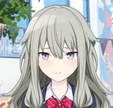 a girl with gray hair and purple eyes is wearing a school uniform and a red bow tie .