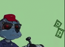 a cartoon cat wearing sunglasses and a red hat stands in front of a pile of money