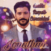 a man in a suit and tie with the name jonathan on it