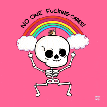 a drawing of a skeleton with a snail on its head and the words " no one fucking cares "