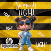 a little girl wearing sunglasses is standing in front of a yellow and black striped background