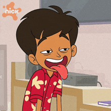 a cartoon of a boy sticking out his tongue with a nick logo in the background