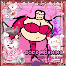 a picture of a ladybug with cats and flowers says good morning
