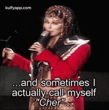 a woman is singing into a microphone and saying `` and sometimes i actually call myself '' .