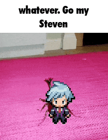 a pixel art of steven from pokemon standing on a pink rug
