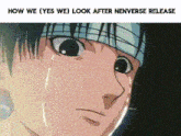 a close up of a crying anime character with a bandana around his head .