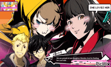 a group of anime characters with a speech bubble that says " she loves her "