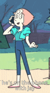 a cartoon of pearl talking on a phone with the caption he 's on the phone with jay