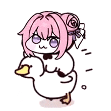 a little girl with pink hair is holding a duck .