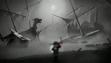 a black and white drawing of a pirate standing in front of a shipwreck