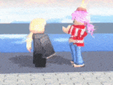 two roblox characters are standing next to each other on a brick floor .