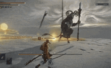 a screenshot of a video game shows a man fighting a monster called the grimmer 's night