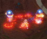 a bunch of glowing objects in a room with a blue object in the middle