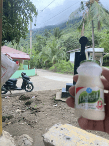 a person holding a bottle of delight yogurt