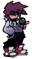 a cartoon character with purple hair is holding a microphone in his hand .
