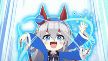 a cartoon girl with horns is holding a wand and waving her hand in the air .