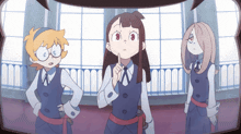 a cartoon of three girls standing next to each other with one pointing up