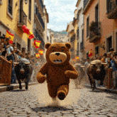 a teddy bear is running down a cobblestone street with bulls behind him