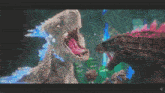 a cartoon of a dinosaur and a monster with the letter x on the bottom right