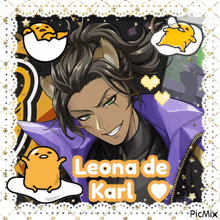a cartoon of leona de karl with a purple jacket