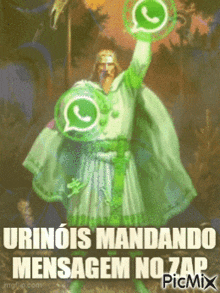 a painting of a man with two whatsapp icons on his hands