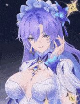 a girl with purple hair and a white dress