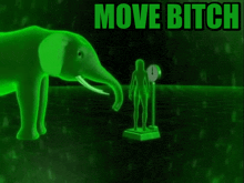 a green elephant is standing next to a green man who is falling into the water