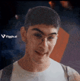 a man wearing glasses and a white shirt is smiling with a viggle.ai logo in the background