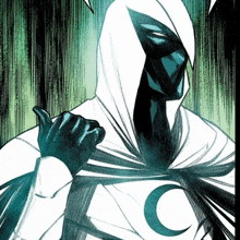 a drawing of a man in a white cape with a crescent moon on it