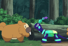a cartoon drawing of a bear and a robot in the woods