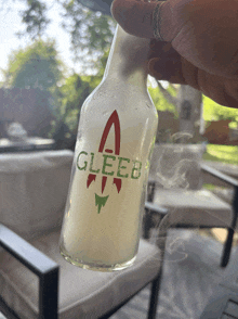 a person is holding a bottle of gleeb