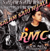 a poster for rmc rock metal community shows a man giving a middle finger