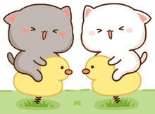 two cartoon cats are sitting on yellow ducks with the letter m in the grass
