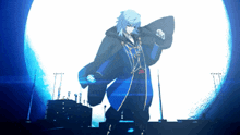 a pixel art of a man in a blue cape with a blue background