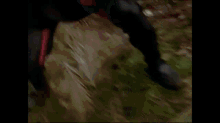 a blurry picture of a man in a black and red jacket walking through a forest .