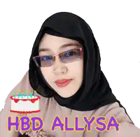 a woman wearing glasses and a hijab says hbd allysa next to a cake