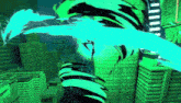 a computer generated image of a city with green buildings and a blue light
