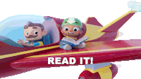 two cartoon characters in an airplane reading a book and the words read it