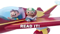 two cartoon characters in an airplane reading a book and the words read it