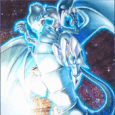 a white dragon with a blue tail and wings is surrounded by a purple background .
