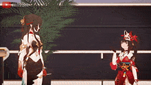two anime girls are standing next to each other with a youtube play button in the background