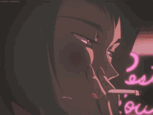 a woman is smoking a cigarette in front of a neon sign that says space-sandou3