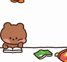 a cartoon of a bear reading a book and a duck sleeping on the floor .