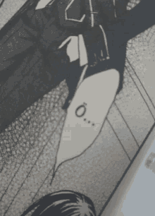 a black and white drawing of a person with a speech bubble that says " o "