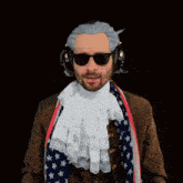 a man wearing a wig and sunglasses giving the peace sign