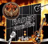 an advertisement for raden and friends with a microphone and guitar
