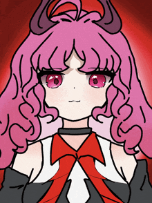 a drawing of a devil girl with pink hair and horns