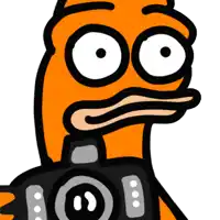 a cartoon duck is holding a camera and making a silly face