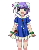 a girl with purple hair is wearing a blue dress and green bracelets